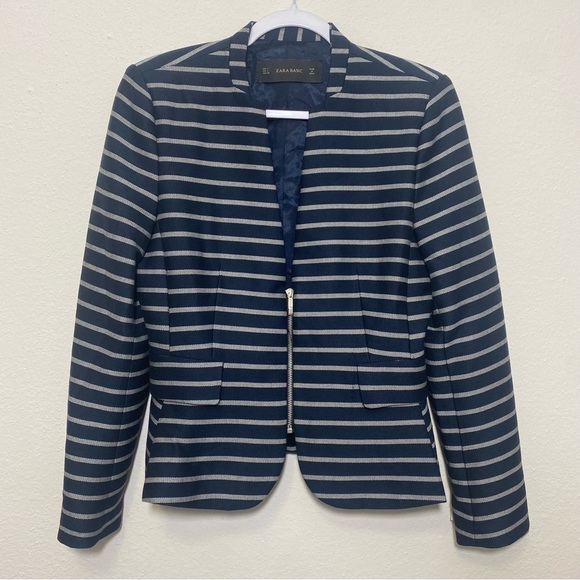 Zara Blue Striped Peplum Pocket Career Blazer Jacket, Large NEW - Picture 2 of 14